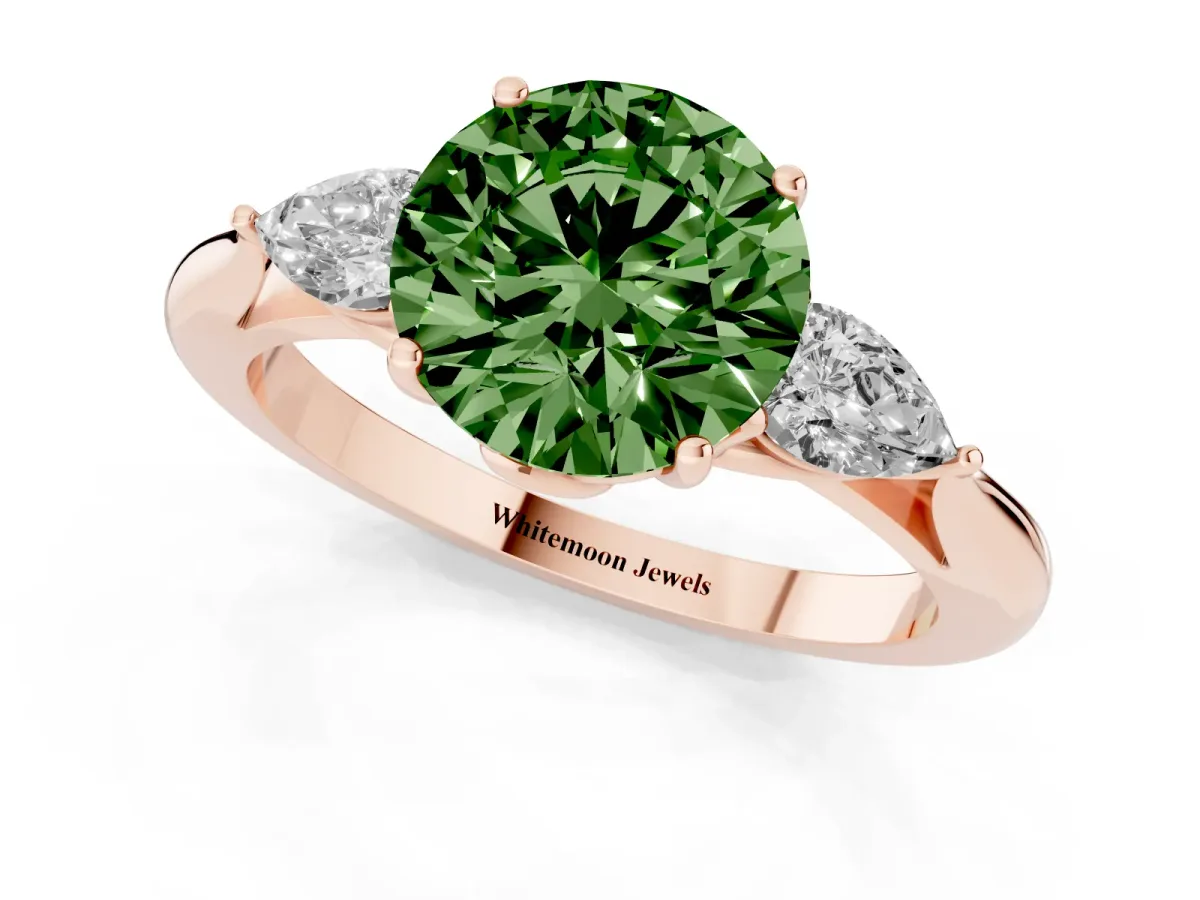 Fancy Green Round Cut Diamond Three-Stone Ring with Pear Side Stones and Prong Setting Rose gold