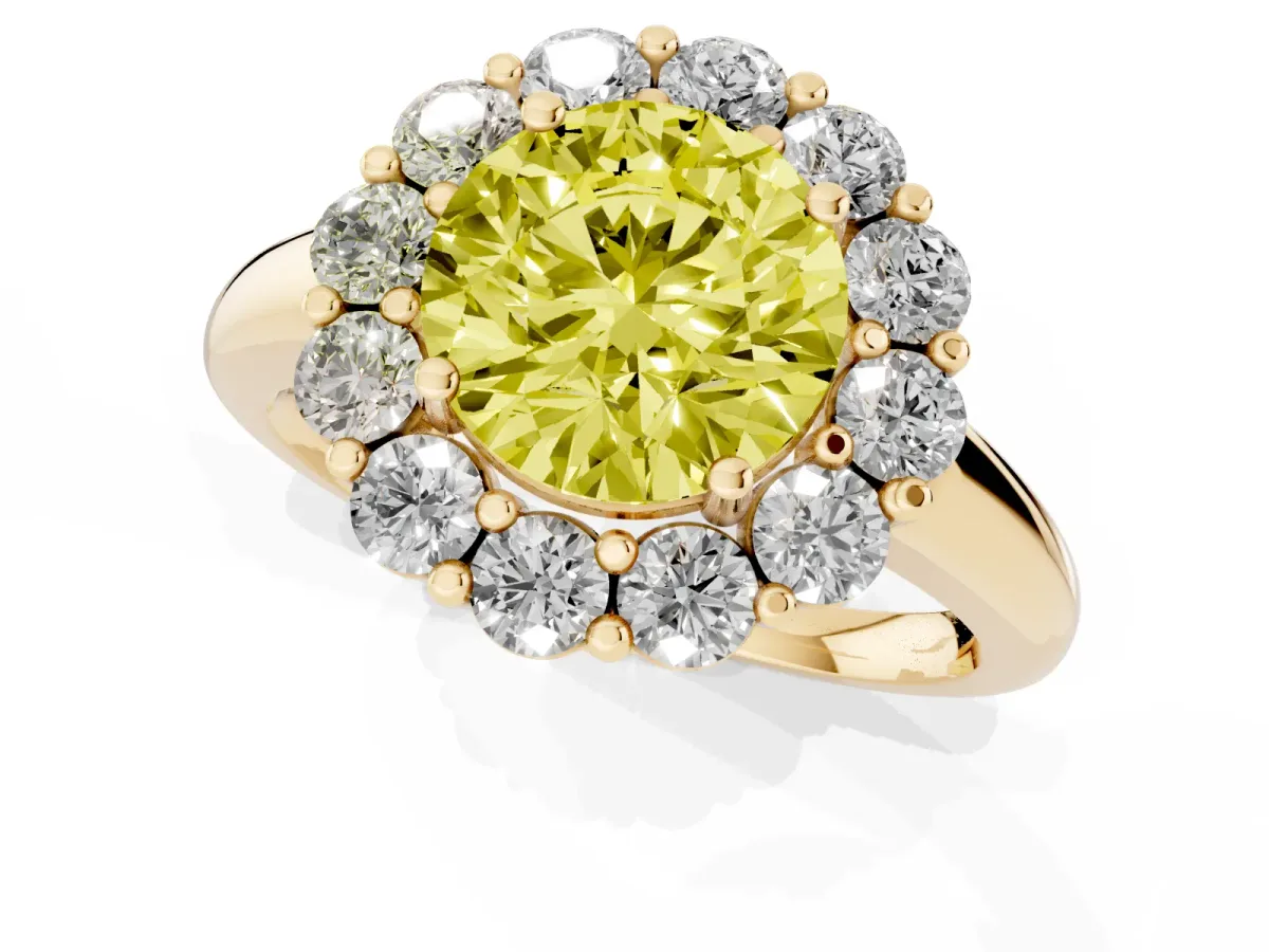 Fancy Yellow Round Cut Halo Cluster Diamond Engagement Ring with Prong Setting and Polished Band Yellow gold