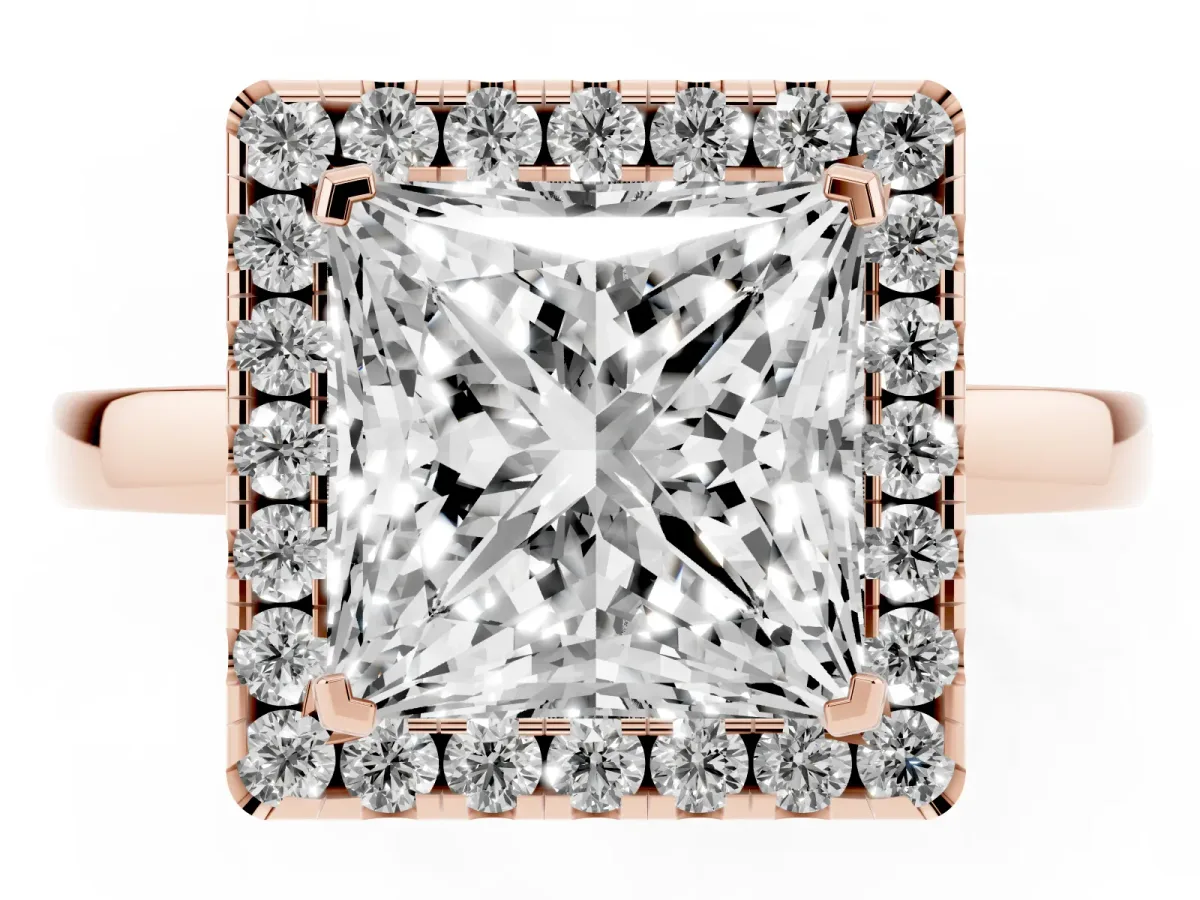 Princess Cut Halo Diamond Solitaire with Pavé Band and Four-Prong Setting Rose gold
