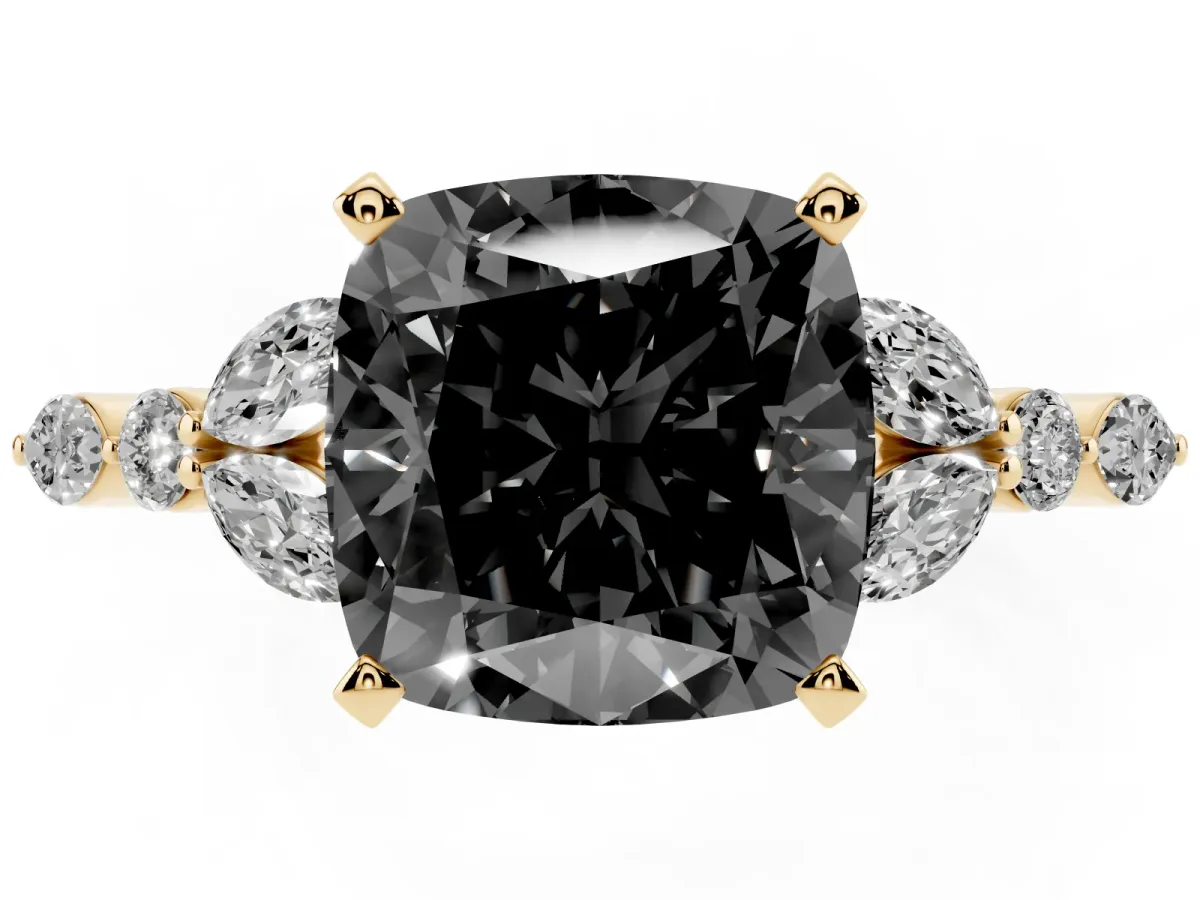 Fancy Black Cushion Cut Diamond Solitaire Ring with Side Stones and Four-Prong Setting Yellow gold