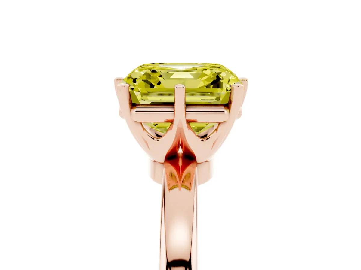 Fancy Yellow Asscher Cut Solitaire Diamond Ring with Six-Prong Setting on a Classic Band Rose gold