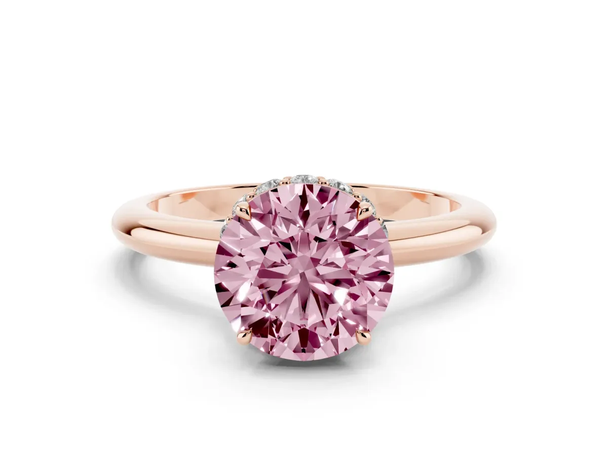 Fancy Pink Round Cut Brilliant Solitaire Engagement Ring with Six-Prong Setting and Classic Band Rose gold