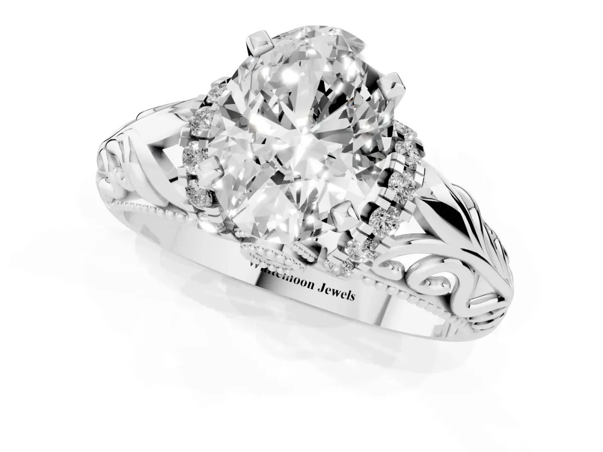 Oval Cut Solitaire Filigree Engagement Ring with Halo and Prong Setting Platinum