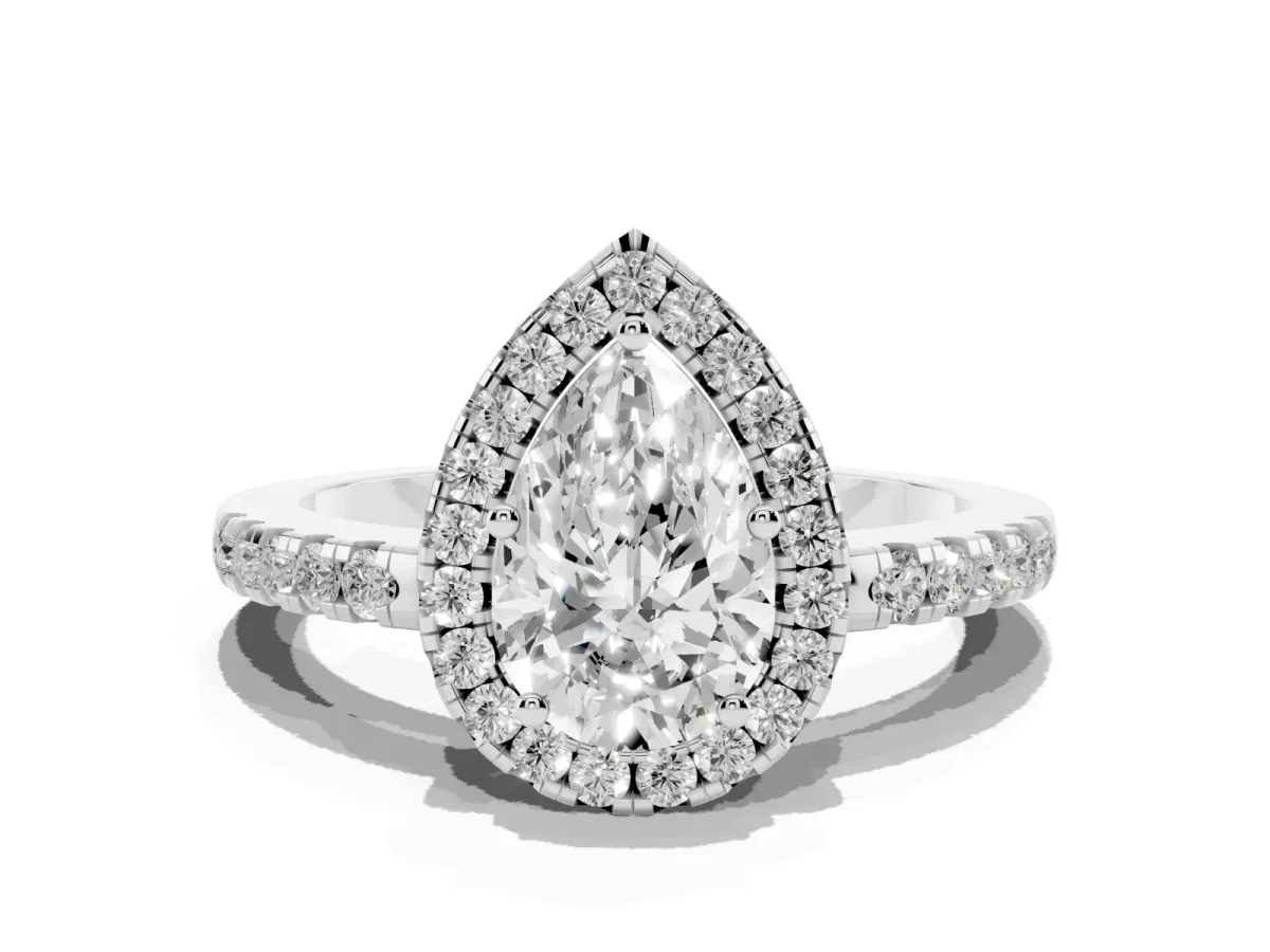 Pear Cut Halo Diamond Engagement Ring with Pavé Band and Four-Prong Setting White gold