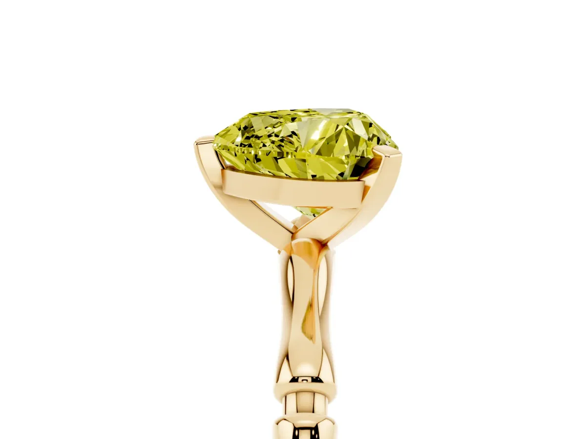 Fancy Yellow Heart Cut Solitaire Diamond Ring with Bamboo Band and Four-Prong Setting Yellow gold