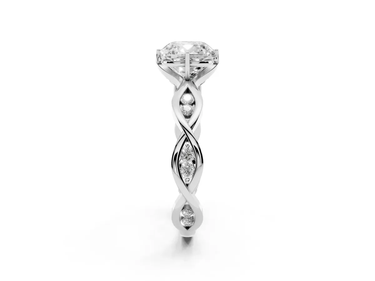 Cushion Cut Solitaire Twist Band with Leaf Prong Setting White gold