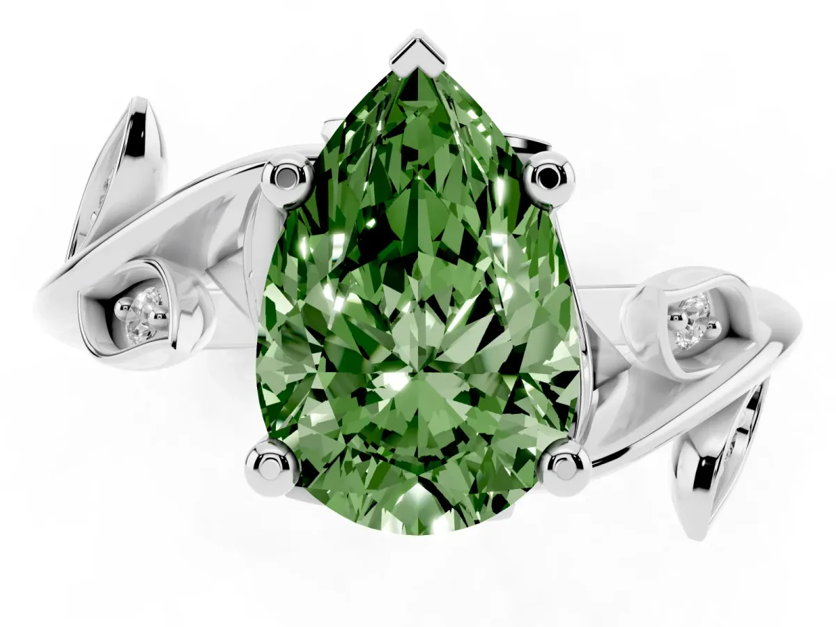 Fancy Green Pear Cut Solitaire Twist Engagement Ring with Leaf Accents and Prong Setting Silver