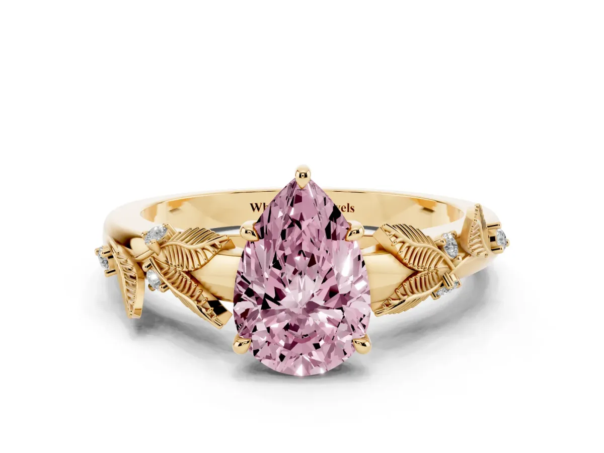 Fancy Pink Pear Cut Diamond Solitaire Ring with Leaf Motif Band and Four-Prong Setting Yellow gold