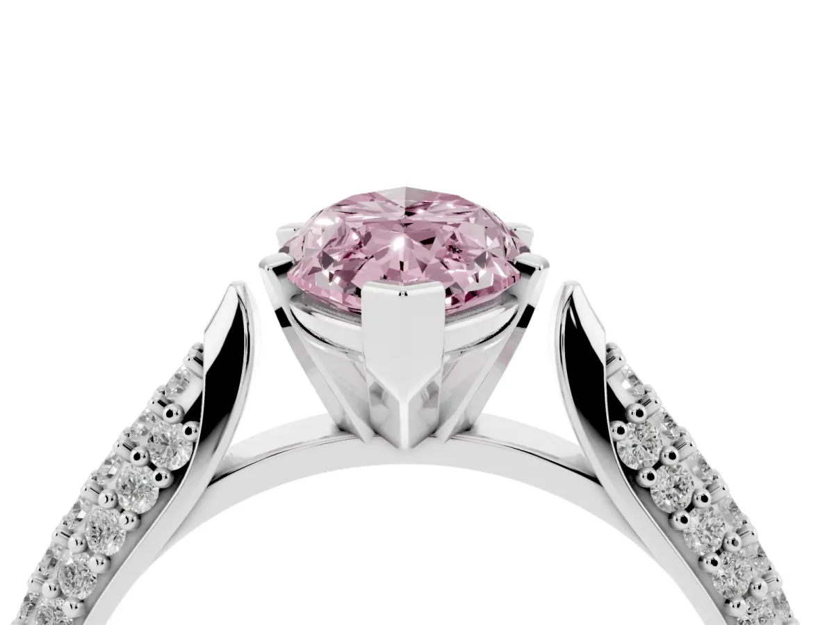 Fancy Pink Marquise Cut Diamond Solitaire Engagement Ring with Multi-Row Round Pavé Band and Prong Setting Silver