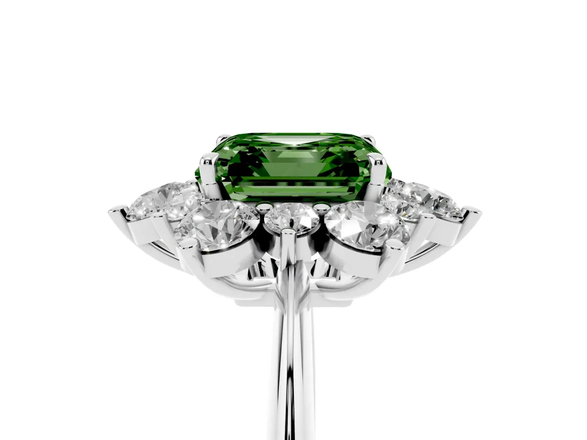 Fancy Green Asscher Cut Diamond Cluster Halo Ring with Solitaire Band and Four-Prong Setting White gold