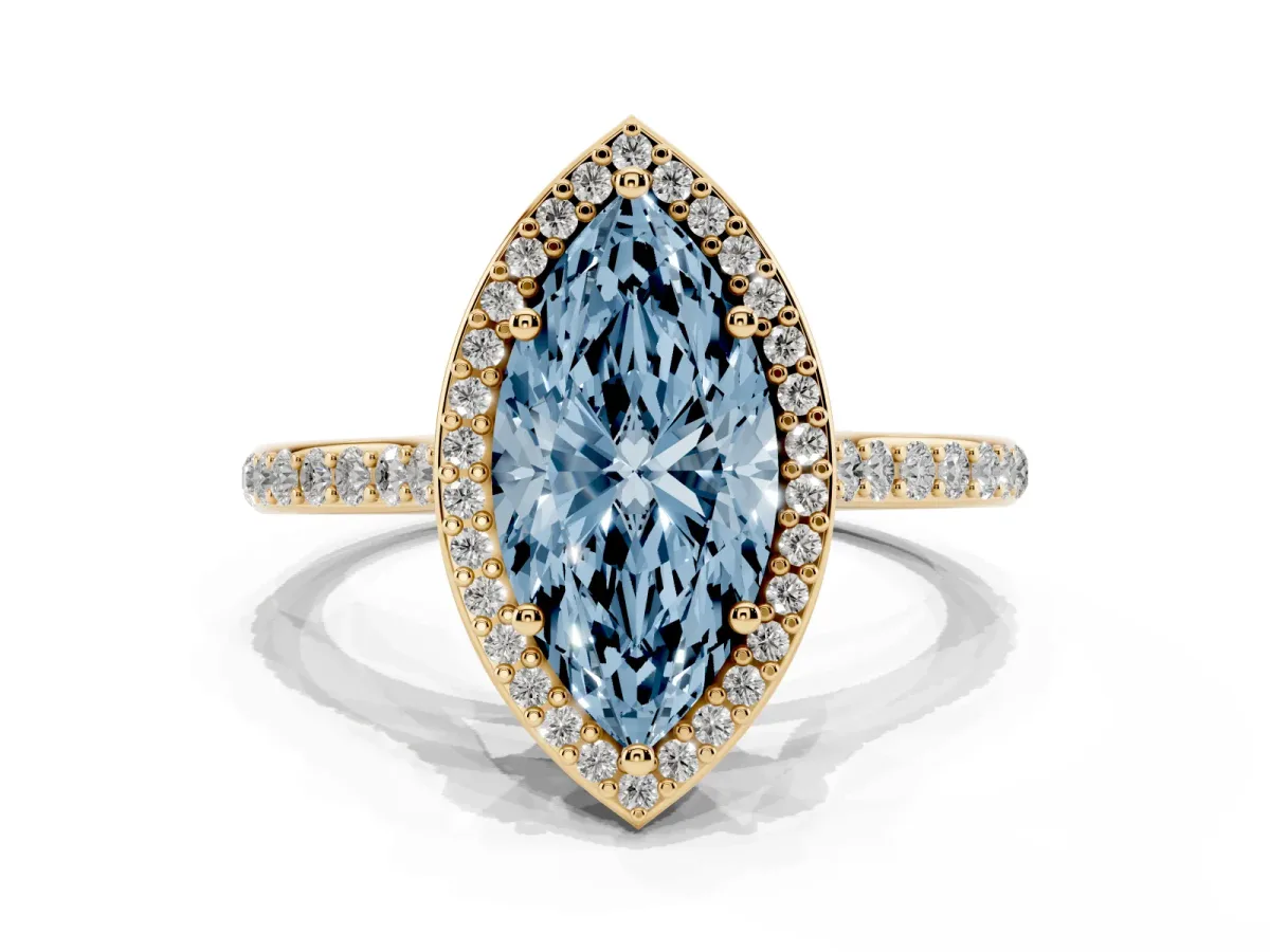 Fancy Blue Marquise Cut Diamond Halo Engagement Ring with Round Pavé Shoulders and Prong Setting Yellow gold