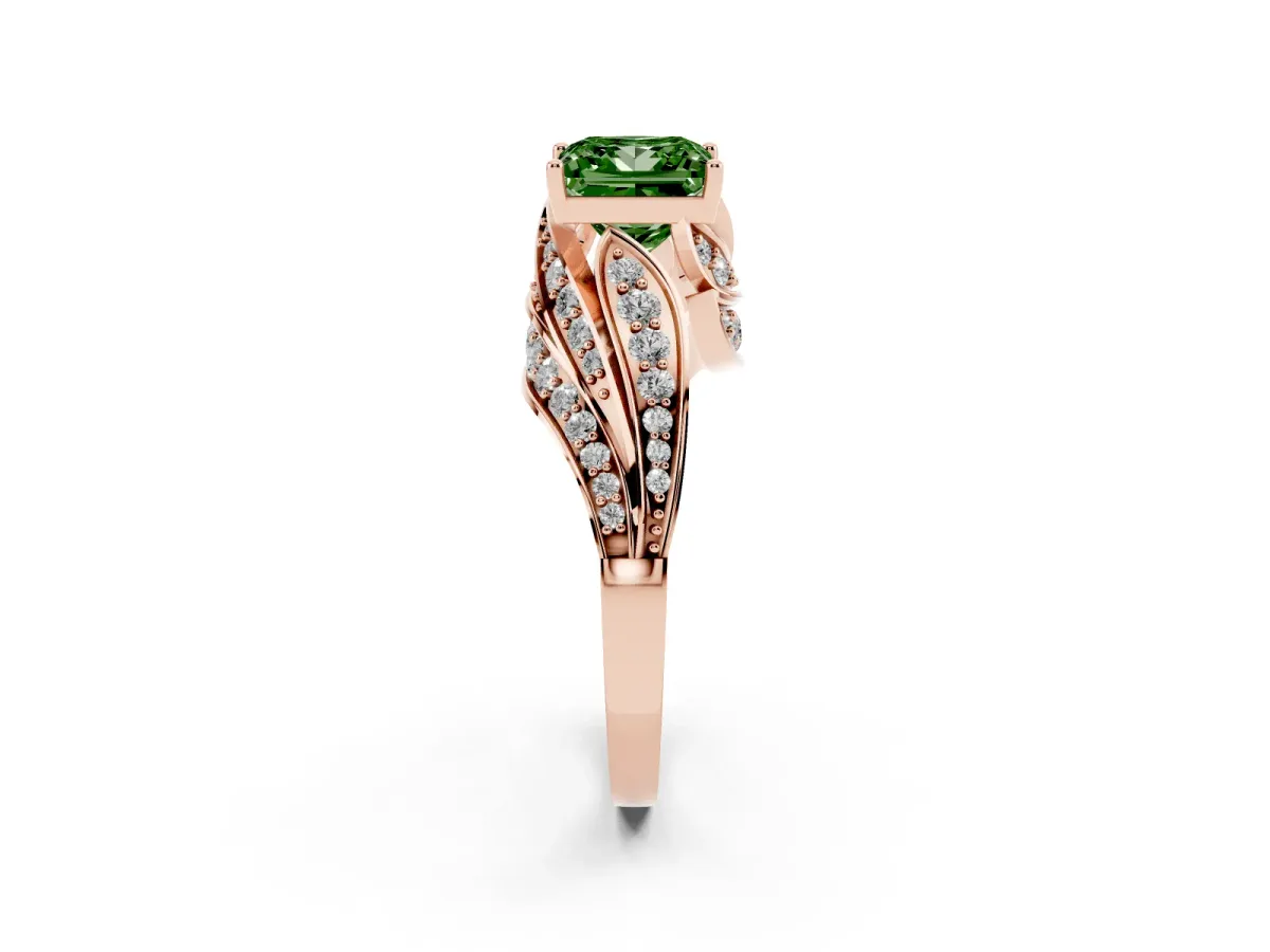 Fancy Green Princess Cut Diamond Solitaire Ring with Prong Setting and Twisted Pavé Band Rose gold