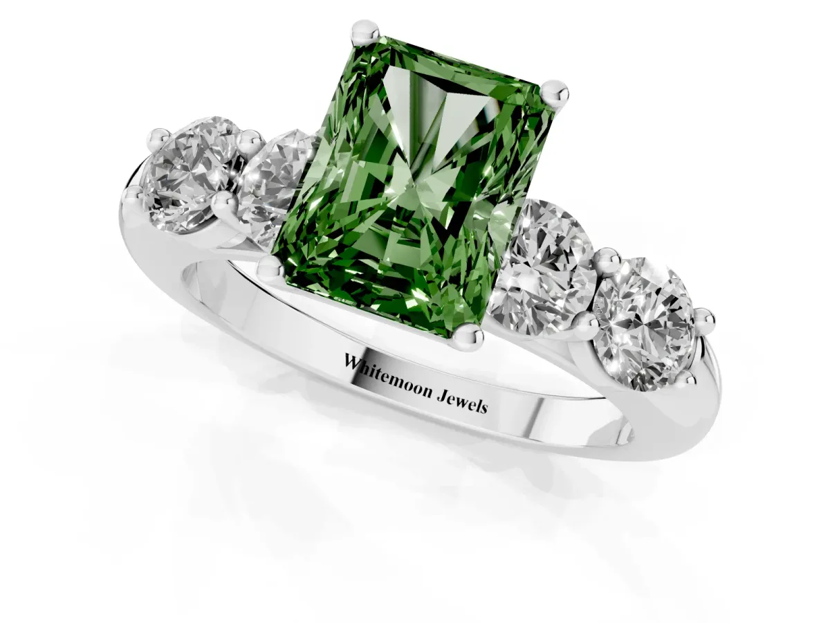 Fancy Green Radiant Cut Cut Five-Stone Prong Set Diamond Ring with Classic Band Silver