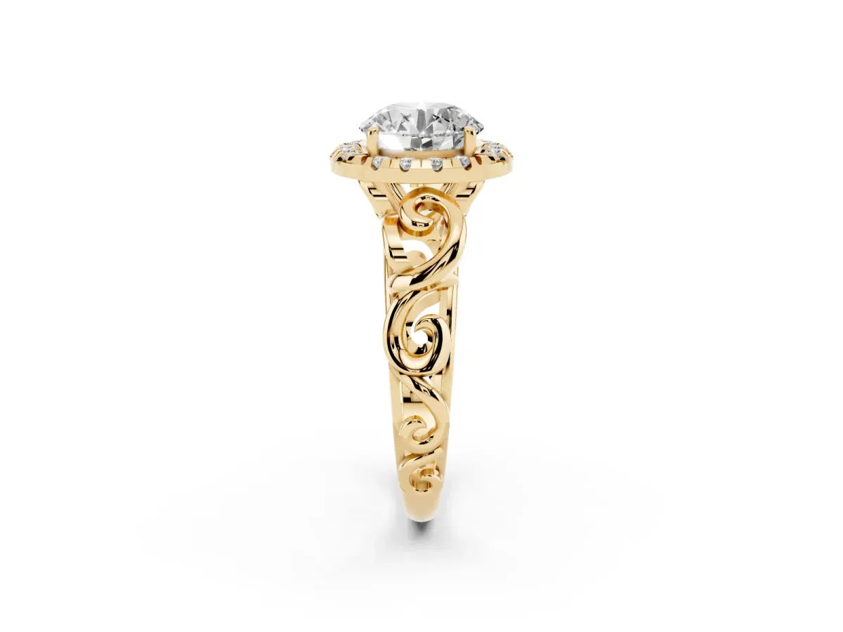 Round Cut Cut Halo Diamond Ring with Scrollwork Band and Four-Prong Setting Yellow gold