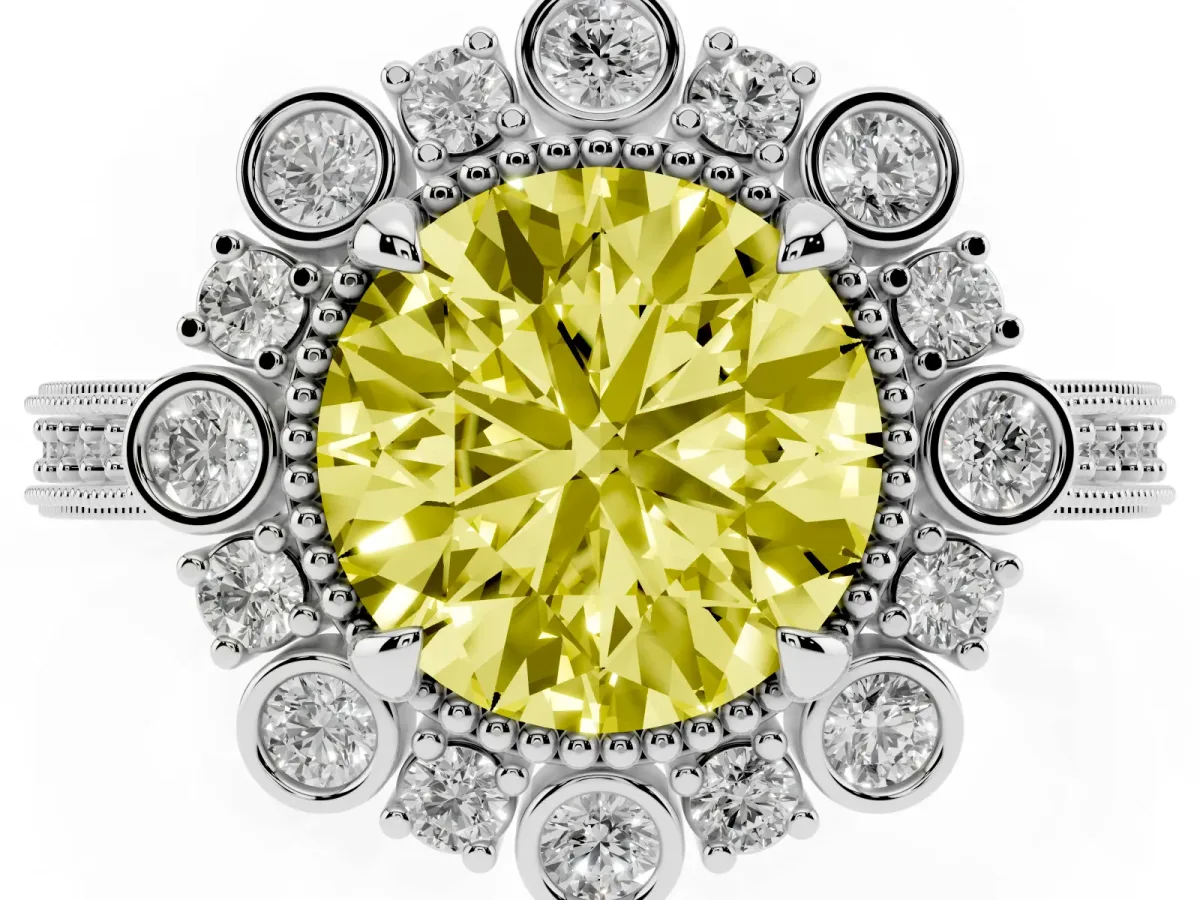 Fancy Yellow Round Cut Halo Milgrain Pave Diamond Ring with Four-Prong Setting Silver