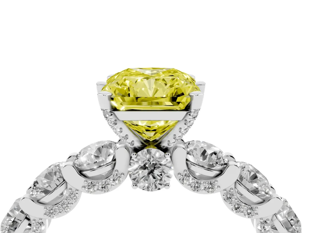 Fancy Yellow Radiant Cut Diamond Side Stone Engagement Ring with Four-Prong Setting Silver