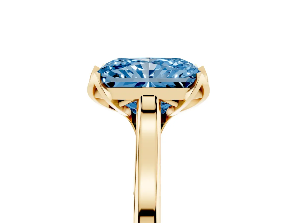 Fancy Blue Radiant Cut Diamond Solitaire Ring with Flower Prong Setting and Classic Band Yellow gold