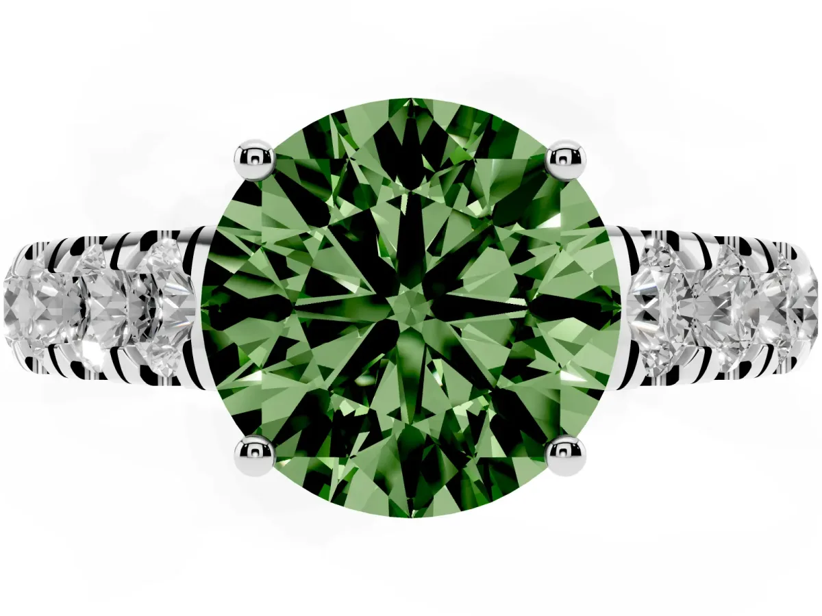Fancy Green Round Cut Cut Diamond Solitaire Ring with Micro Pave Band and Prong Setting Silver