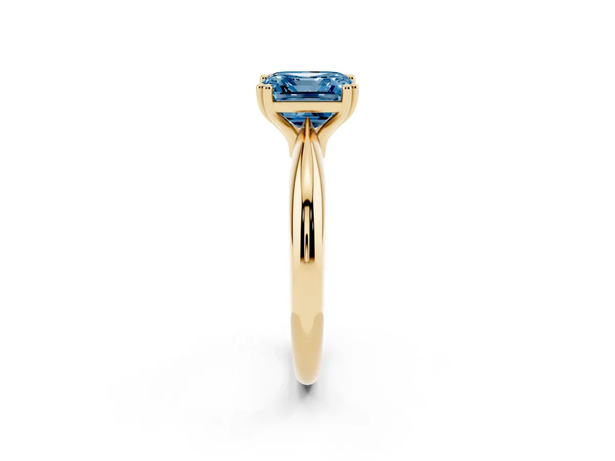 Fancy Blue Asscher Cut Cut Solitaire Engagement Ring with Tapered Band and Four-Prong Setting Yellow gold