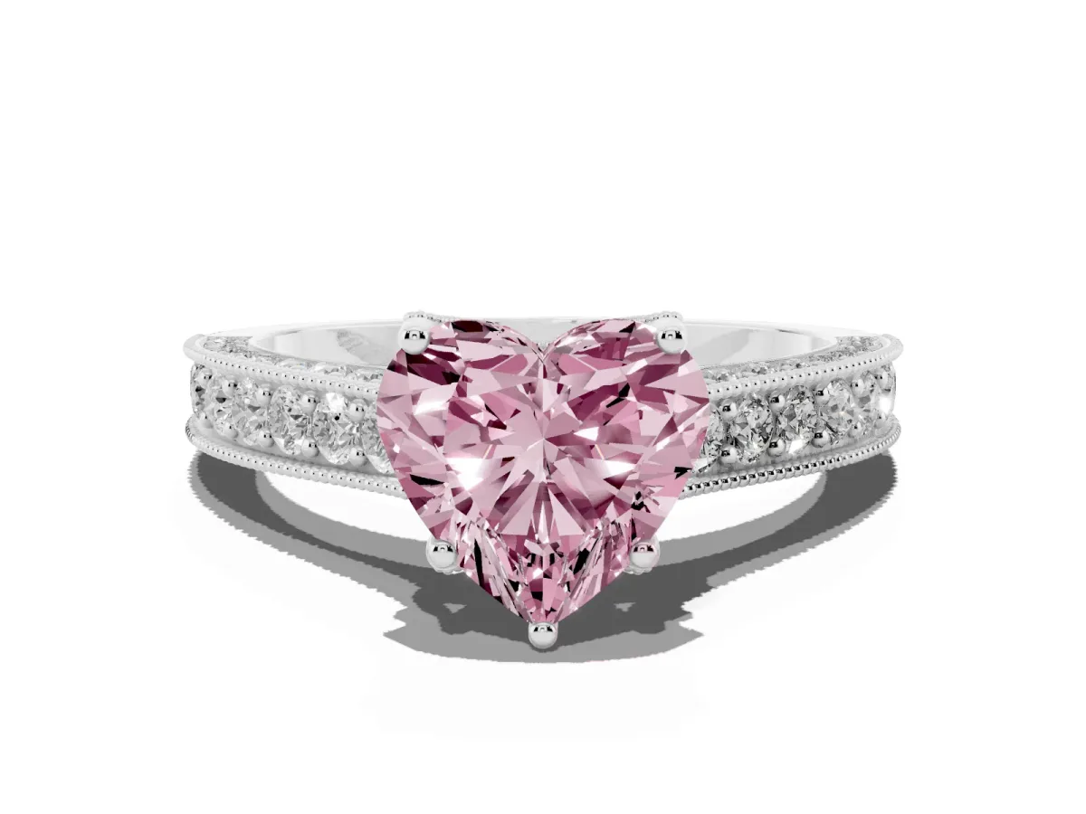 Fancy Pink Heart Cut Cut Diamond Solitaire Ring with Milgrain Pave Band and Four Prong Setting Silver