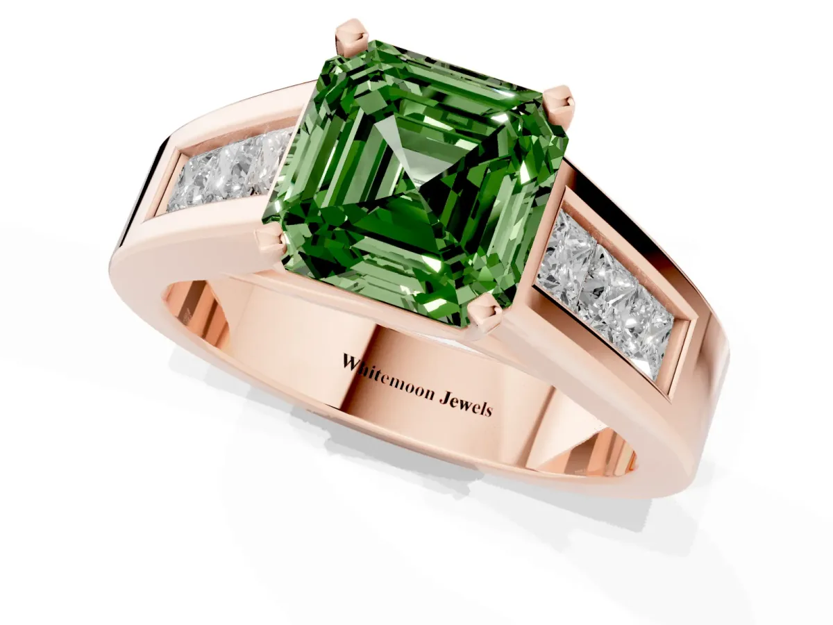 Fancy Green Asscher Cut Cut Channel Set Solitaire Ring with Four-Prong Setting Rose gold