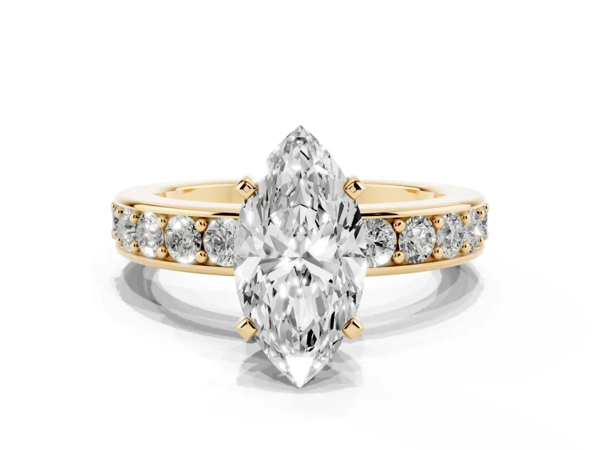 Marquise Cut Diamond Engagement Ring with Channel Set Round Band and Prong Setting Yellow gold