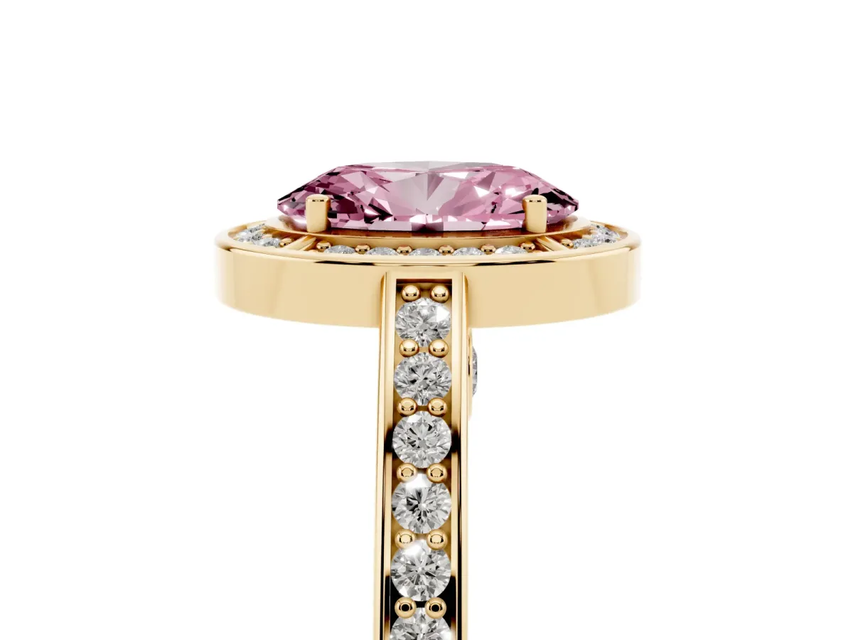 Fancy Pink Oval Cut Cut Halo Pave Split Shank Prong Setting Ring Yellow gold