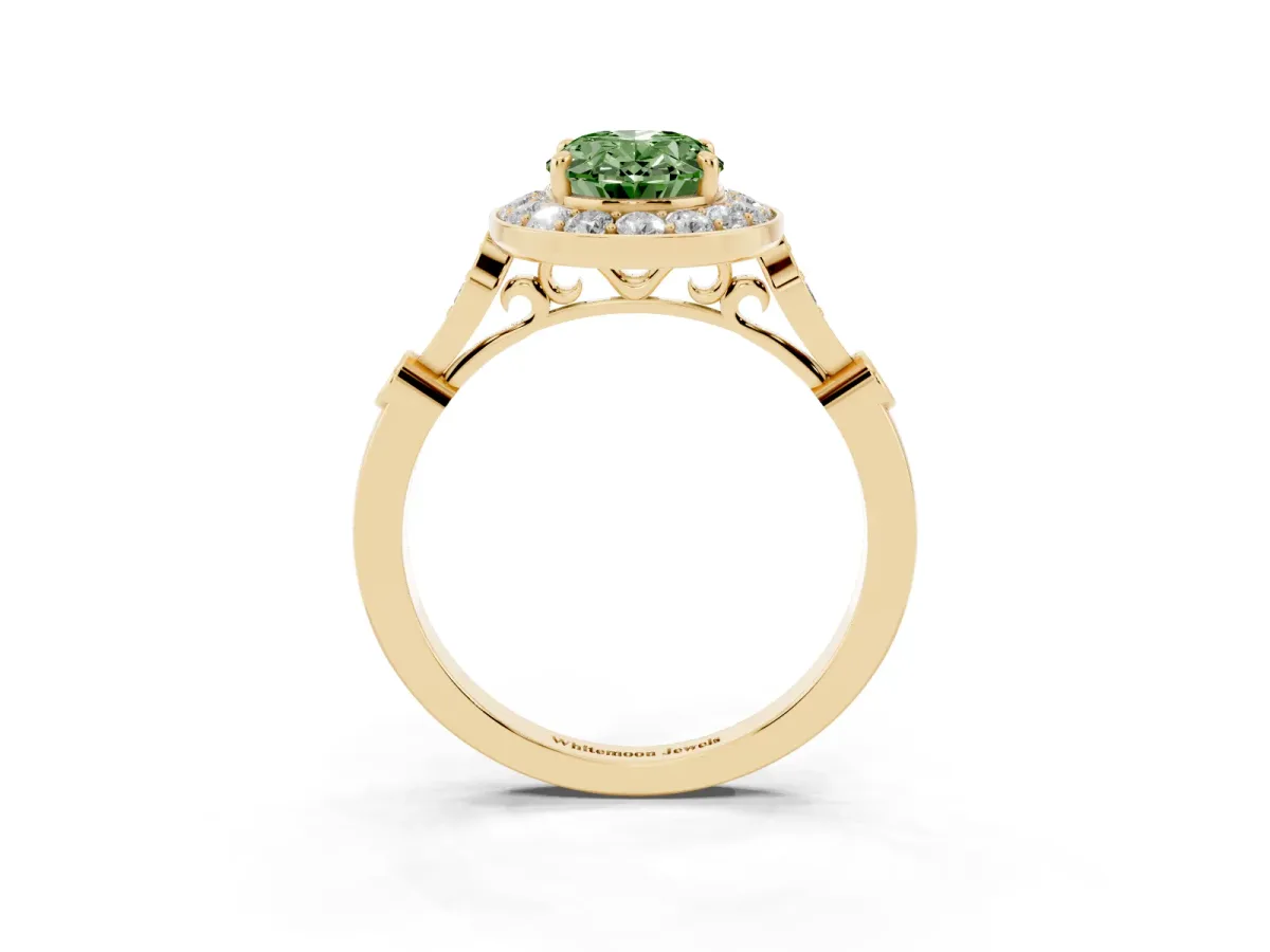 Fancy Green Oval Cut Halo Diamond Engagement Ring with Twisted Band and Four-Prong Setting Yellow gold