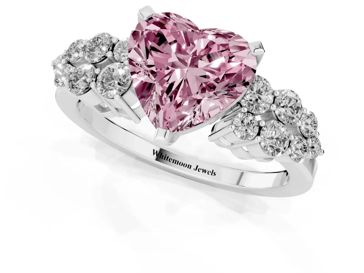 Fancy Pink Heart Cut Cluster Diamond Engagement Ring with Pavé Band and Four-Prong Setting Platinum