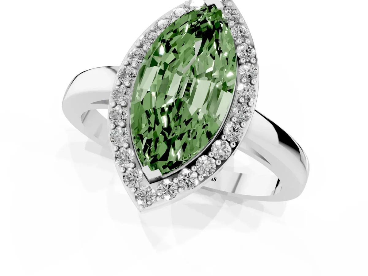 Fancy Green Marquise Cut Halo Diamond Ring with Solitaire Band and Prong Setting Silver