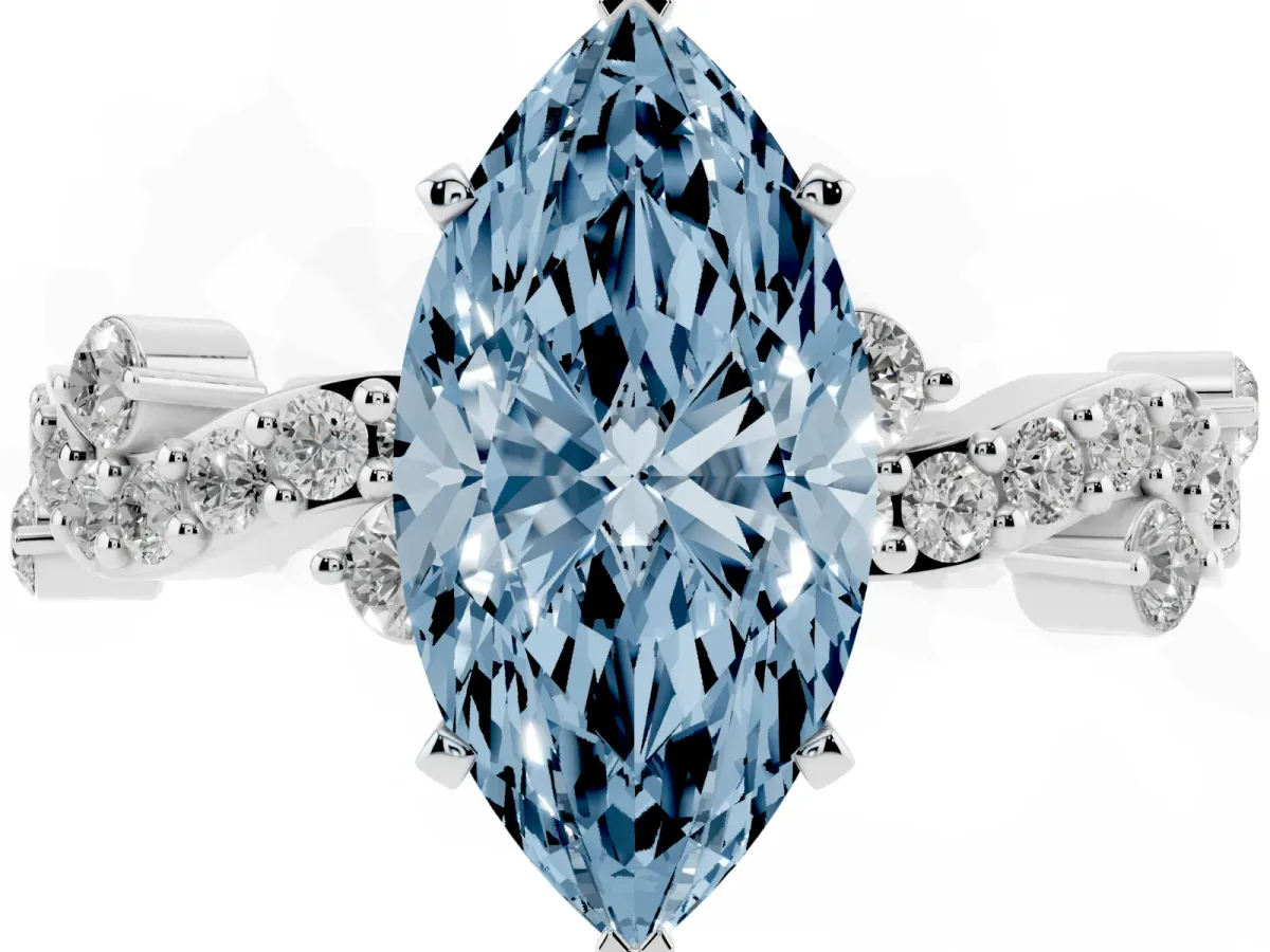 Fancy Blue Marquise Cut Cut Solitaire Diamond Twisted Band with Pave Setting Platinum