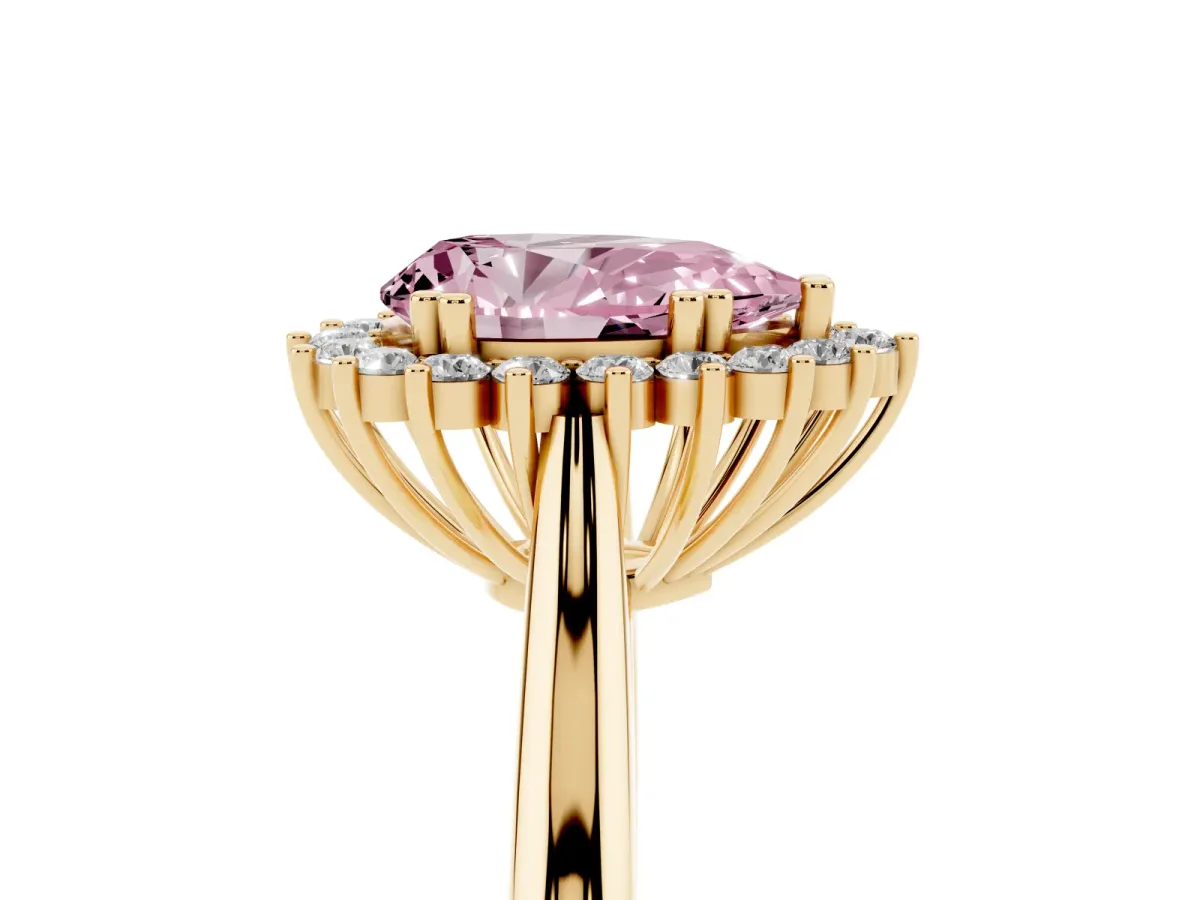 Fancy Pink Pear Cut Cut Diamond Halo Ring with Solitaire Band and Prong Setting Yellow gold