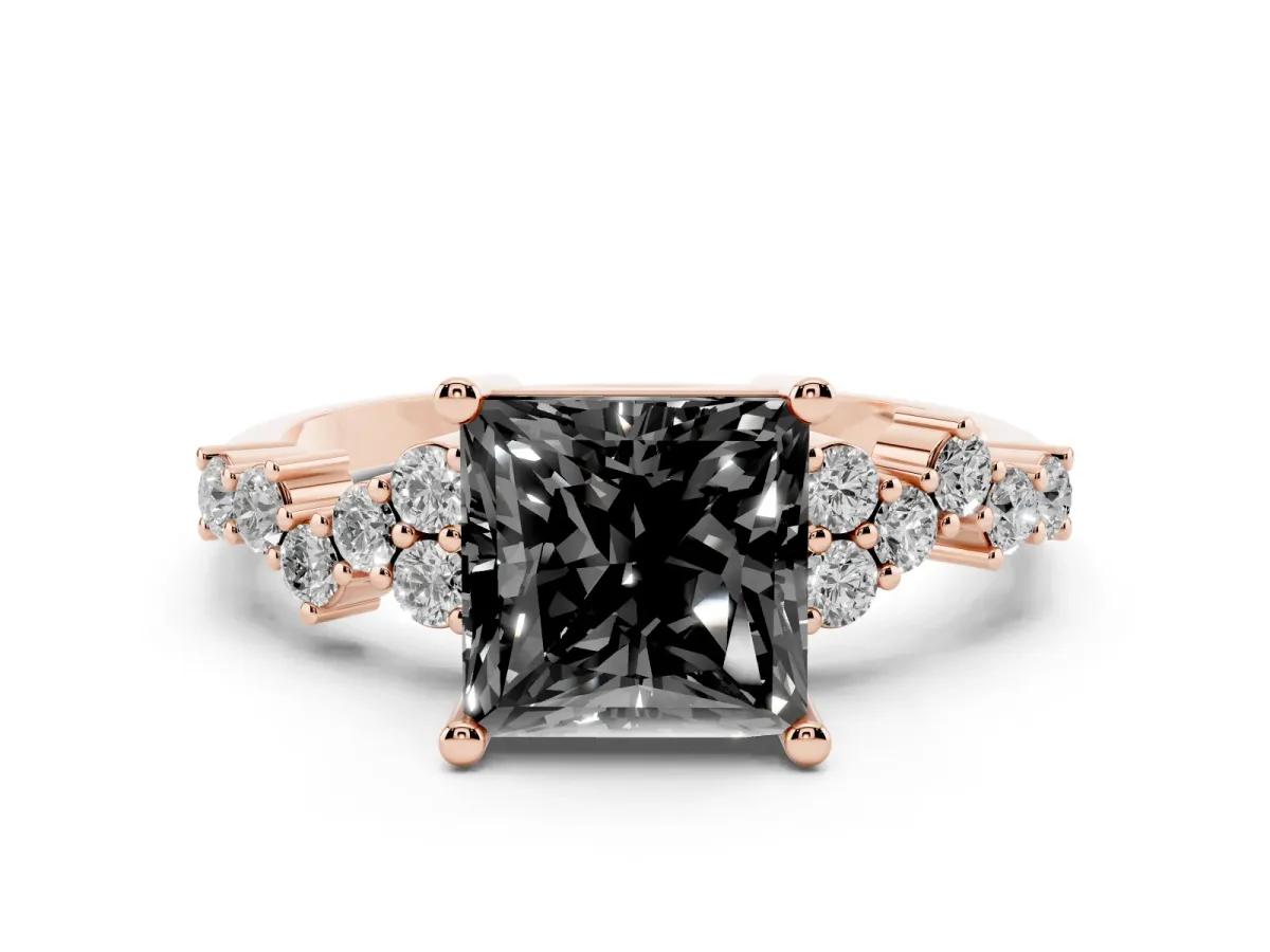 Fancy Black Princess Cut Diamond Scattered Round Accent Ring with Prong Setting Rose gold
