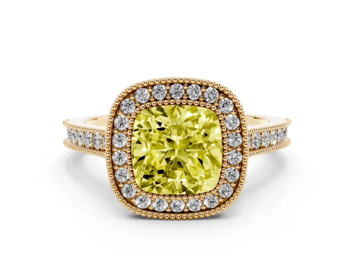 Fancy Yellow Halo Cushion Cut-Cut Diamond Pave Band Milgrain Prong Setting Ring Yellow gold