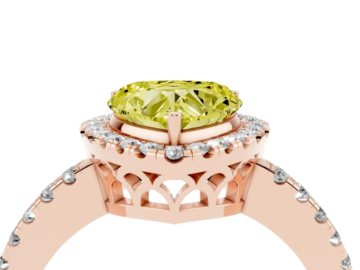 Fancy Yellow Heart Cut Halo Diamond Engagement Ring with Pavé Band and Four-Prong Setting Rose gold