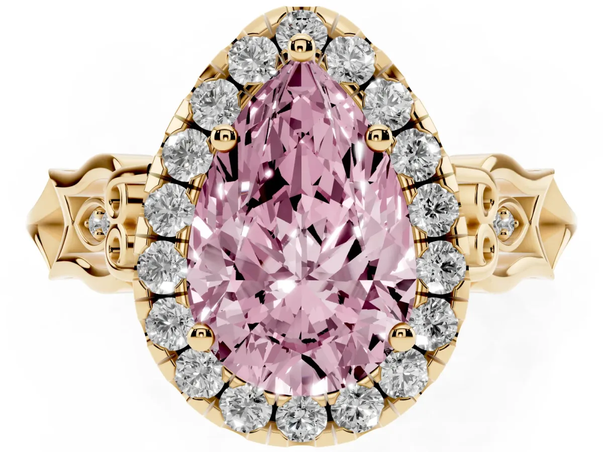 Fancy Pink Pear Cut Halo Diamond Engagement Ring with Filigree Band and Four-Prong Setting Yellow gold