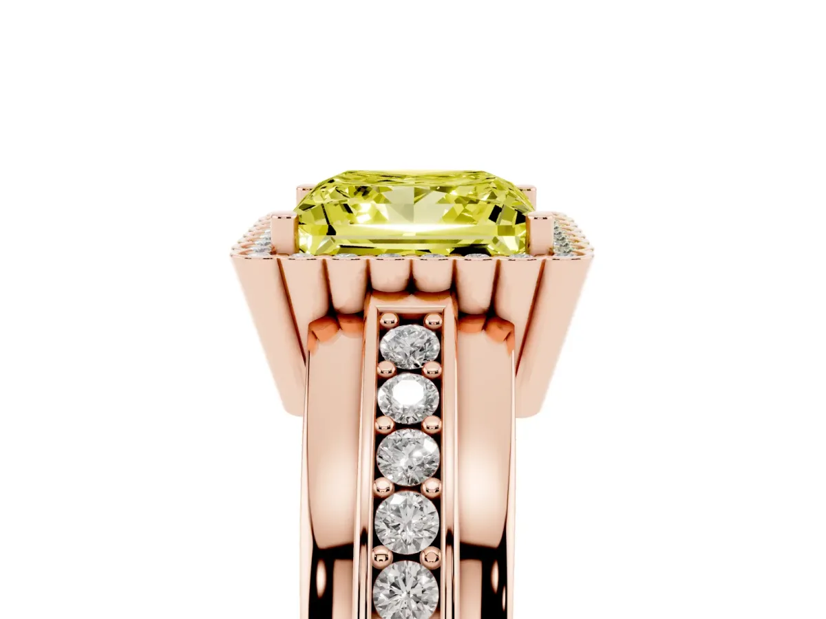 Fancy Yellow Princess Cut Cut Halo Pave Band Four-Prong Ring Rose gold