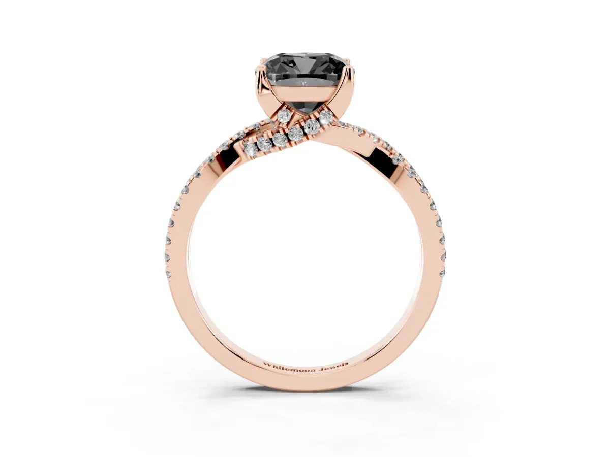 Fancy Black Cushion Cut Solitaire Twist Pave Diamond Engagement Ring with Prong Setting Rose gold