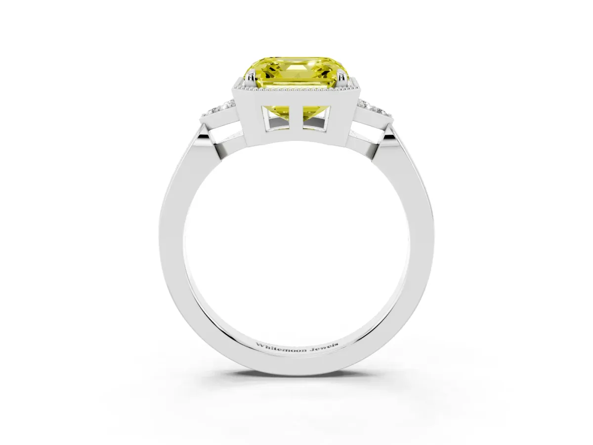 Fancy Yellow Hexagonal Halo Asscher Cut Diamond Solitaire with Pavé Band and Four-Prong Setting Platinum