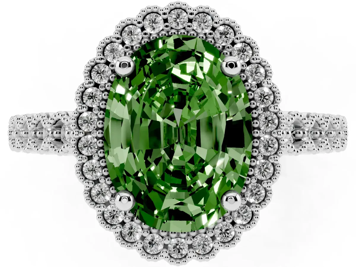 Fancy Green Oval Cut Cut Halo Pavé Solitaire Ring with Milgrain Band Silver