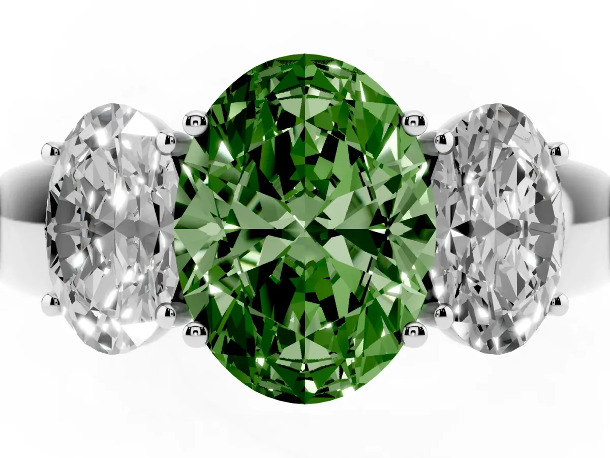 Fancy Green Three-Stone Oval Cut Cut Diamond Ring with Prong Setting and Classic Band Silver
