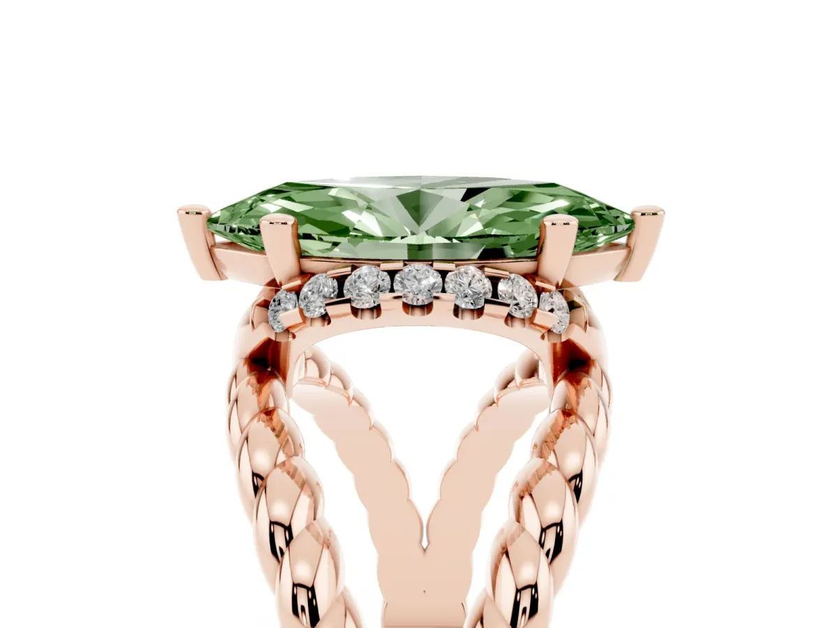 Fancy Green Marquise Cut Halo Twisted Band Four-Prong Ring Rose gold