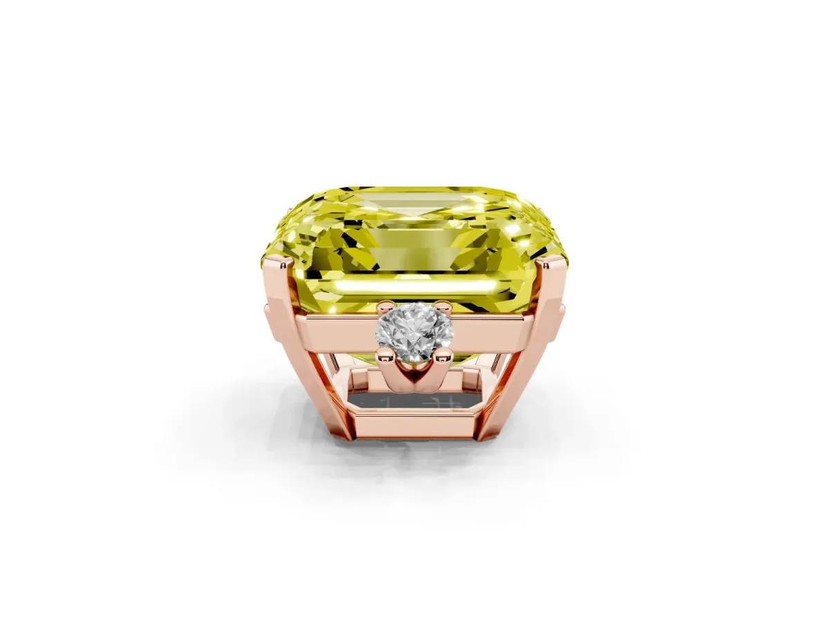 Fancy Yellow Asscher Cut Cut Three-Stone Solitaire Ring with Round Accent Diamonds and Four-Prong Setting Rose gold