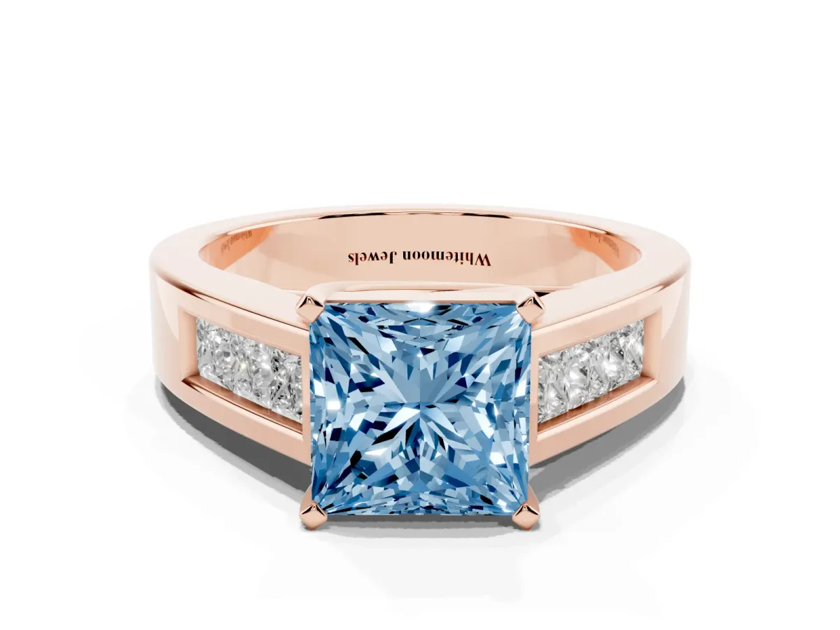 Fancy Blue Princess Cut Cut Channel Set Solitaire Ring with Four-Prong Setting Rose gold