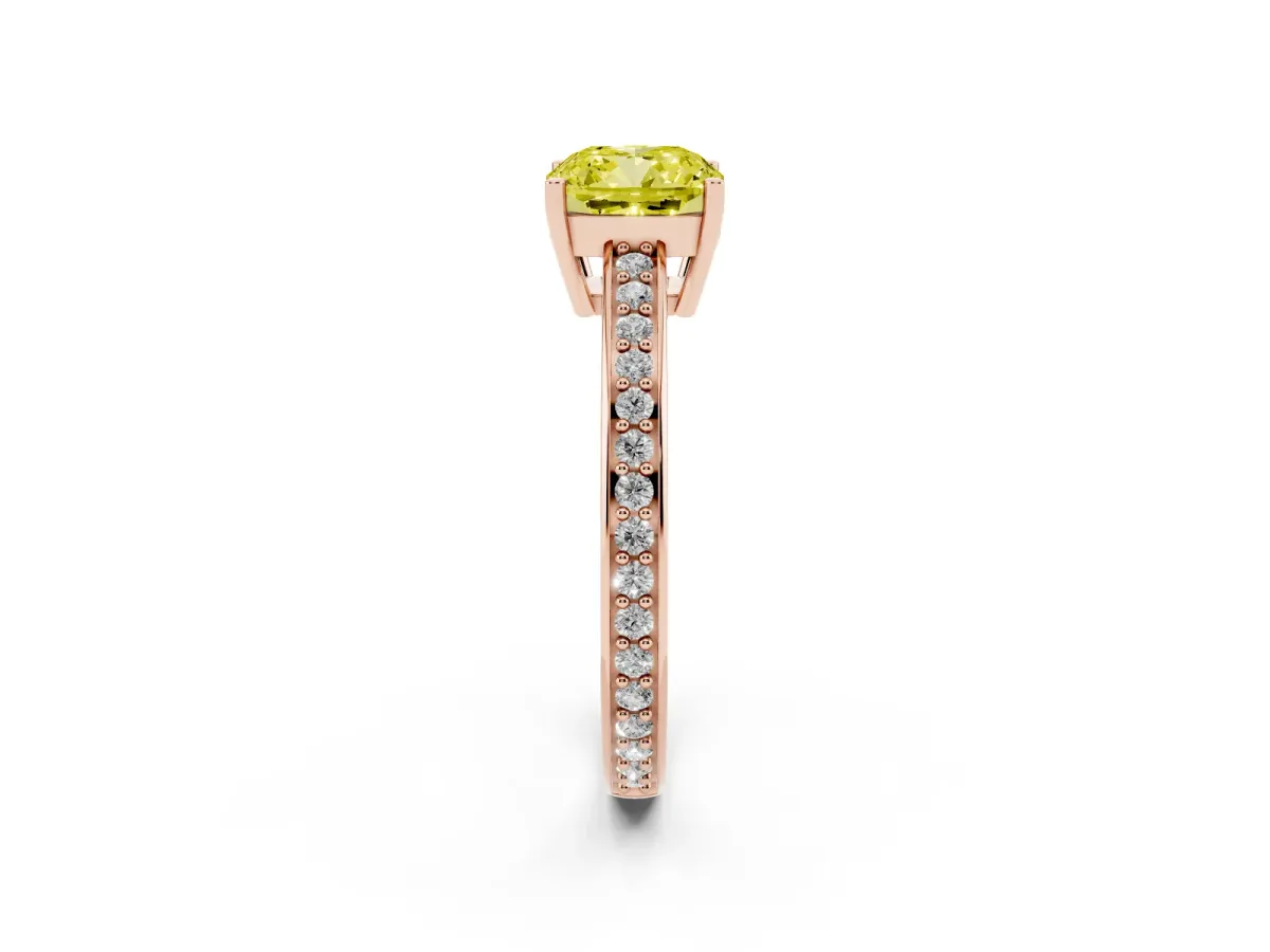 Fancy Yellow Cushion Cut Solitaire Pavé Band Prong Setting Ring Rose gold