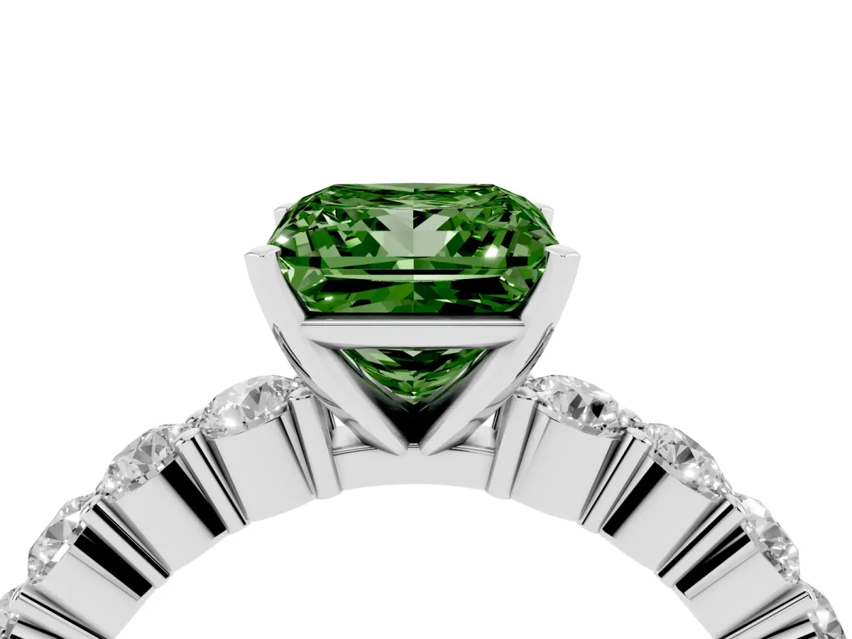 Fancy Green Princess Cut Diamond Solitaire Ring with Shared Prong Round Side Stones Platinum