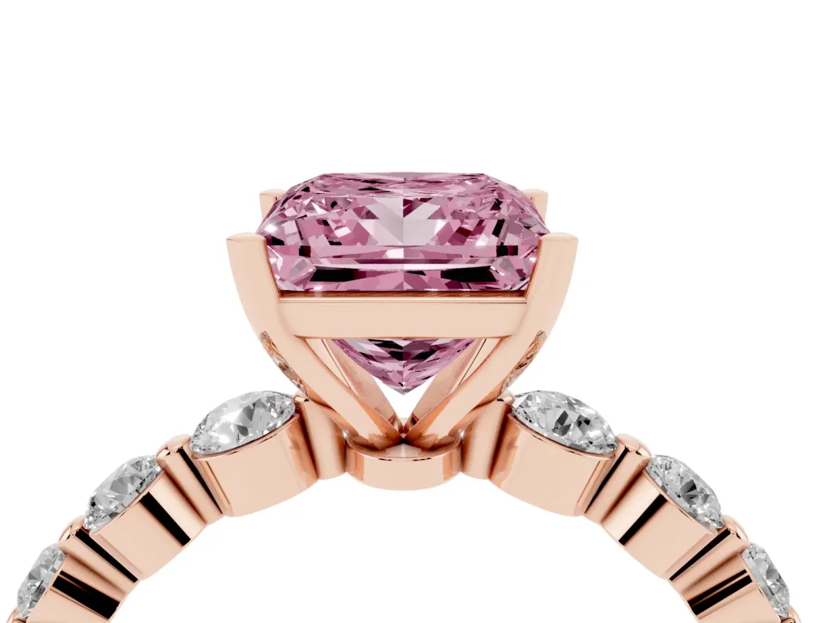 Fancy Pink Princess Cut Solitaire Diamond Ring with Pave Band and Four-Prong Setting Rose gold