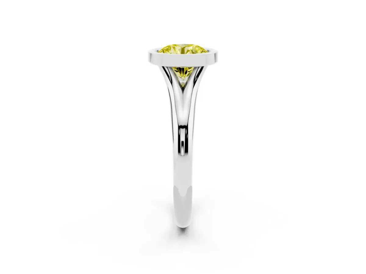 Fancy Yellow Bezel Set Round Cut Solitaire Diamond Ring with Smooth Band Platinum