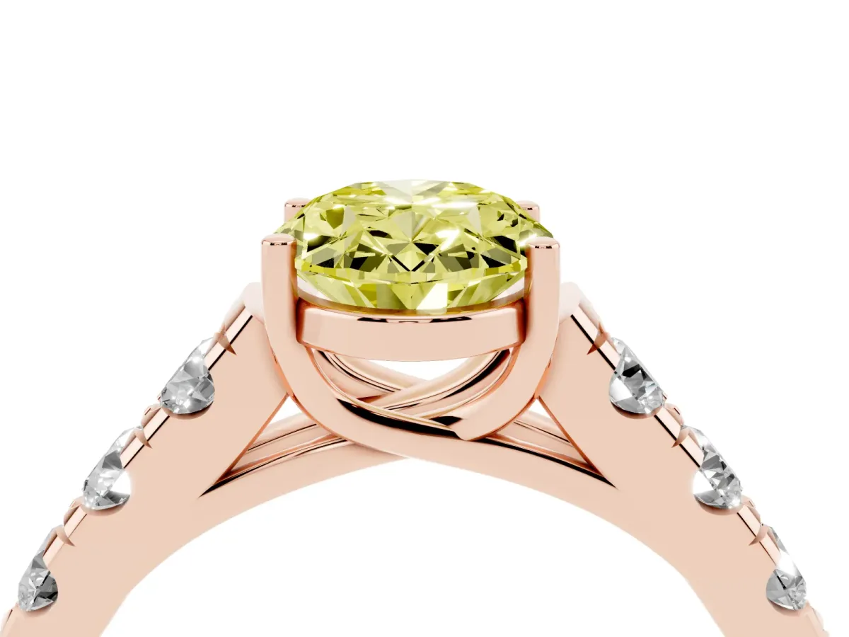 Fancy Yellow Oval Cut Cut Diamond Solitaire Ring with Micro Pave Band and Prong Setting Rose gold