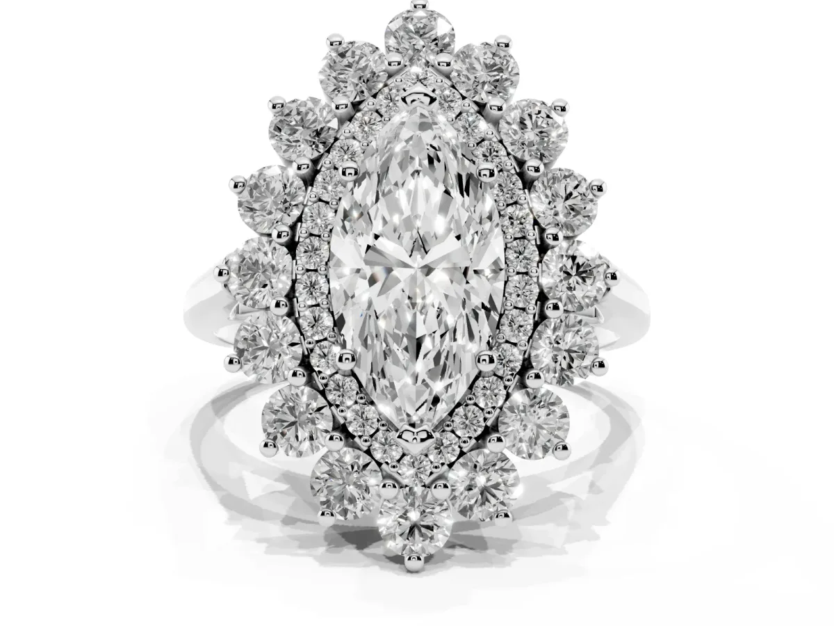 Marquise Cut Diamond Floral Double Halo Engagement Ring with Prong Setting Platinum